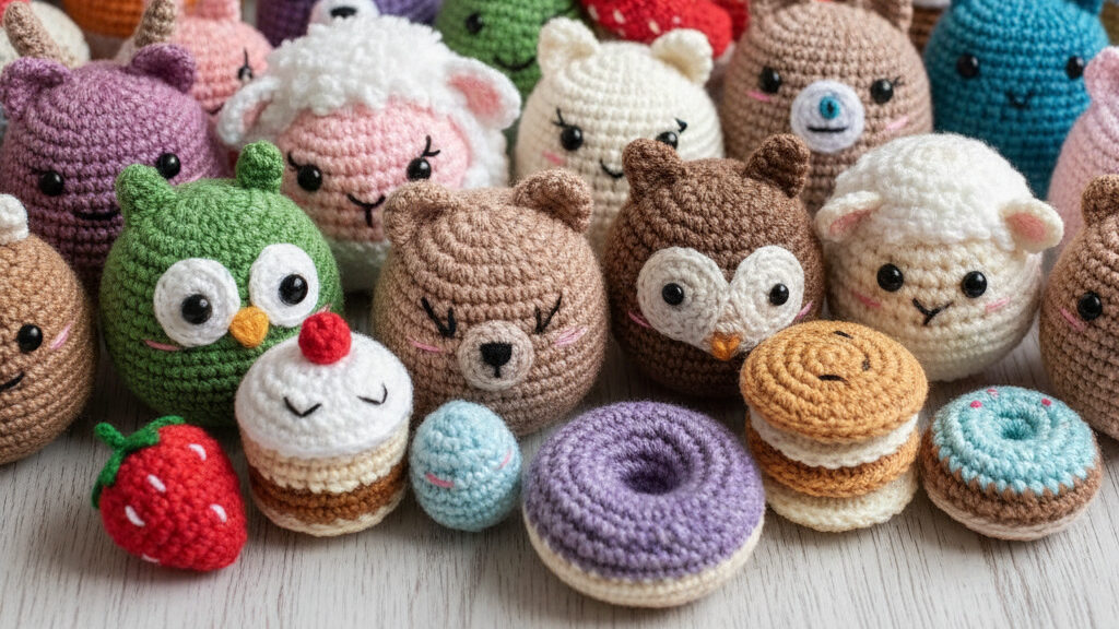 A collection of crochet amigurumi stuffed toys.
